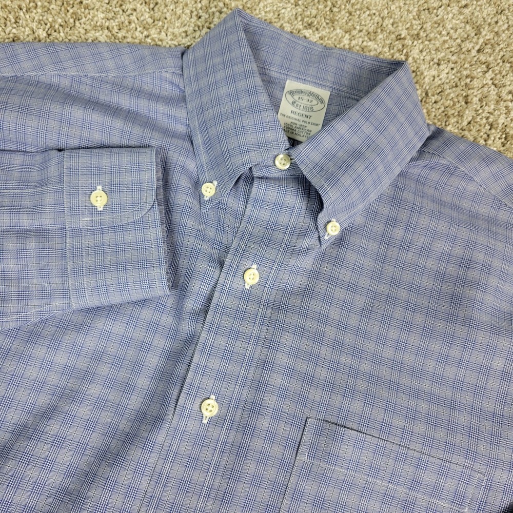 Brooks Brothers Regent Mens 15-32 Blue Gray‎ Plaid Check Button Down Long Sleeve